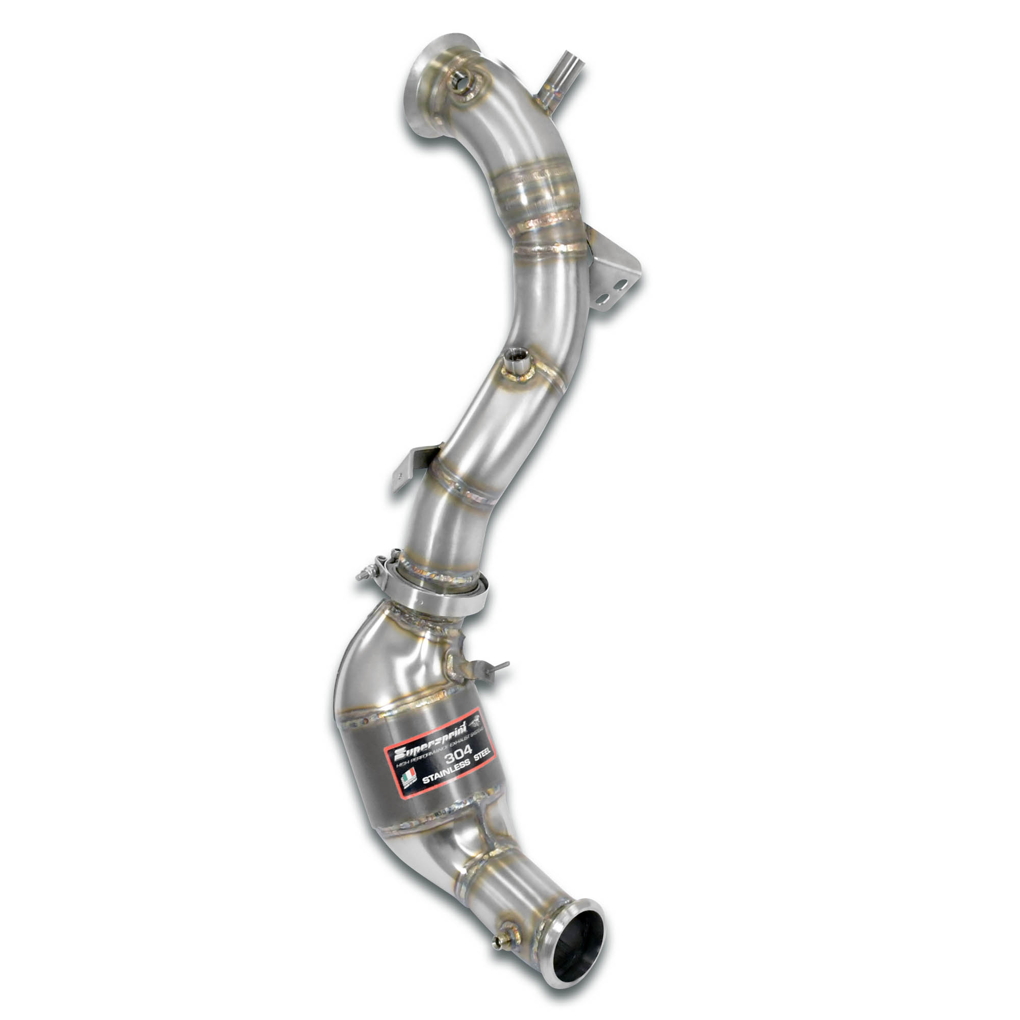 Downpipe Sinistro + catalizzatore metallico<br>(Elimina pre-catalizzatore + GPF)<br>Con prese per sensori di pressione / EGT