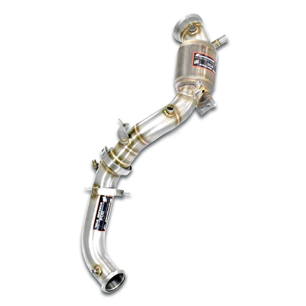 Downpipe Sinistro + pre-catalizzatore metallico<br>(Elimina catalizzatore secondario + GPF)<br>Con prese per sensori di pressione / EGT