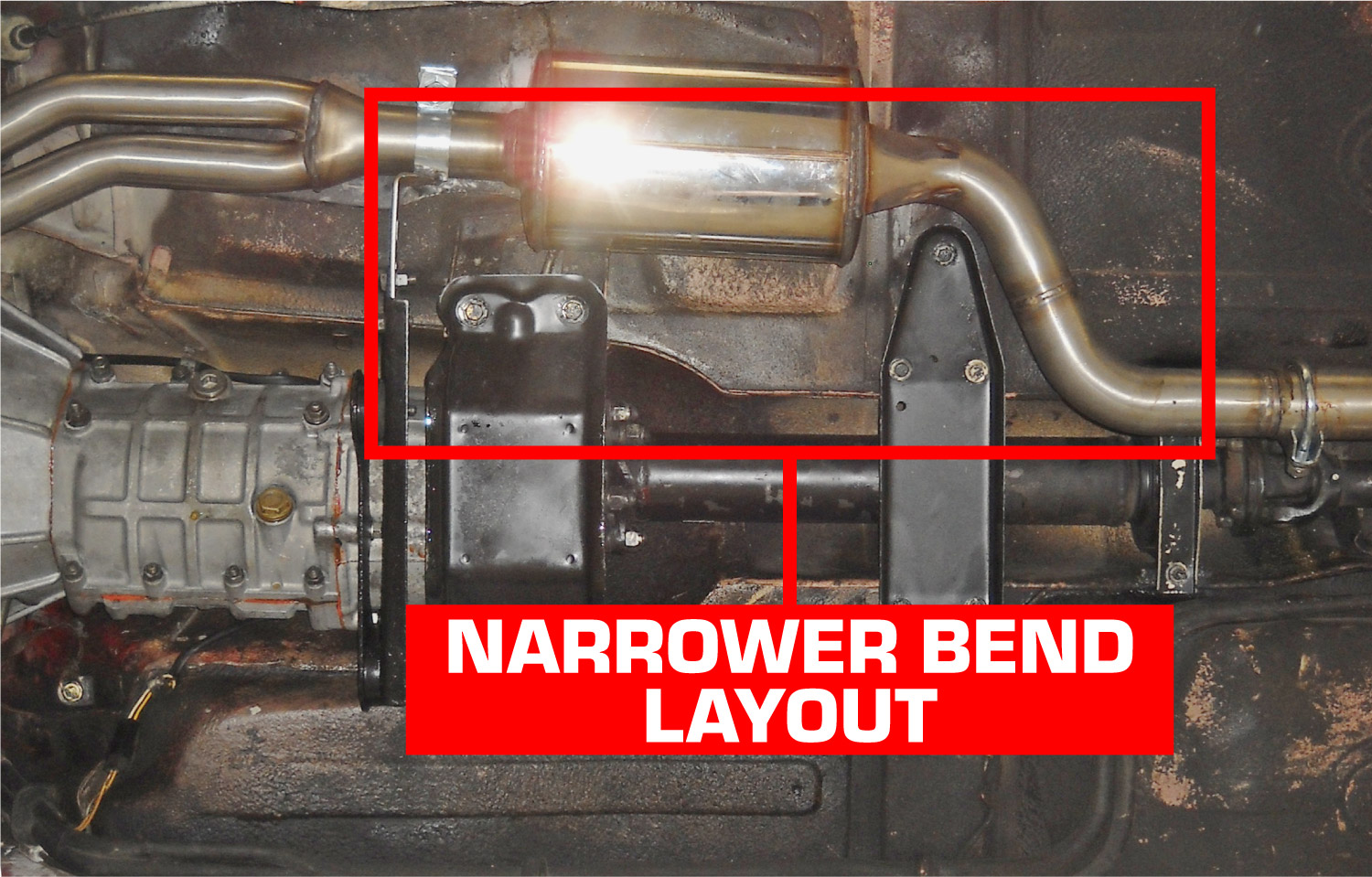 Front exhaust - resonated narrower bend layout